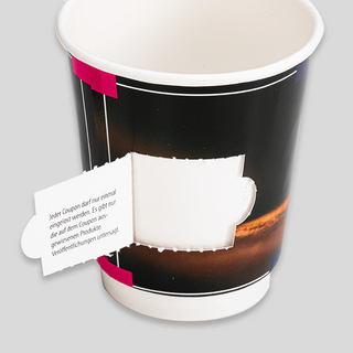 Coupon-Becher mit individuellem Druck und abtrennbarem Feld für Coupons und Rabattcodes