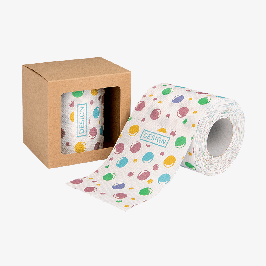 Vollfarbig bedrucktes Toilettenpapier in braunem Karton mit Sichtfenster