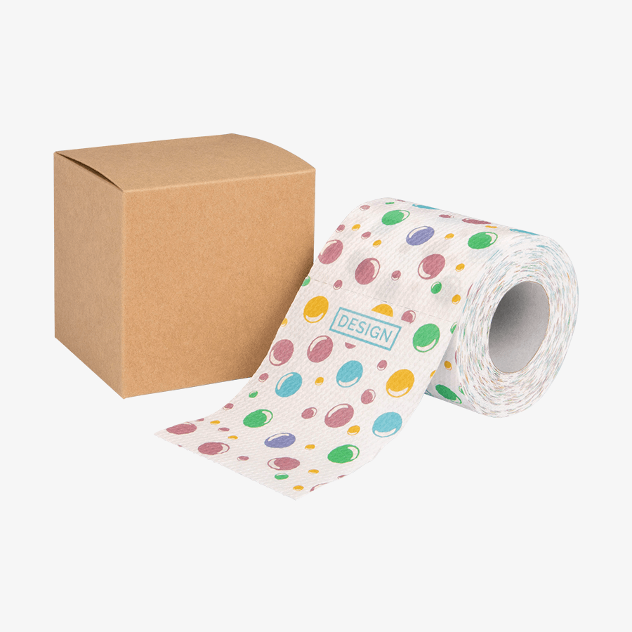 Vollfarbig bedrucktes Toilettenpapier, erhältlich in braunem Karton ohne Sichtfenster
