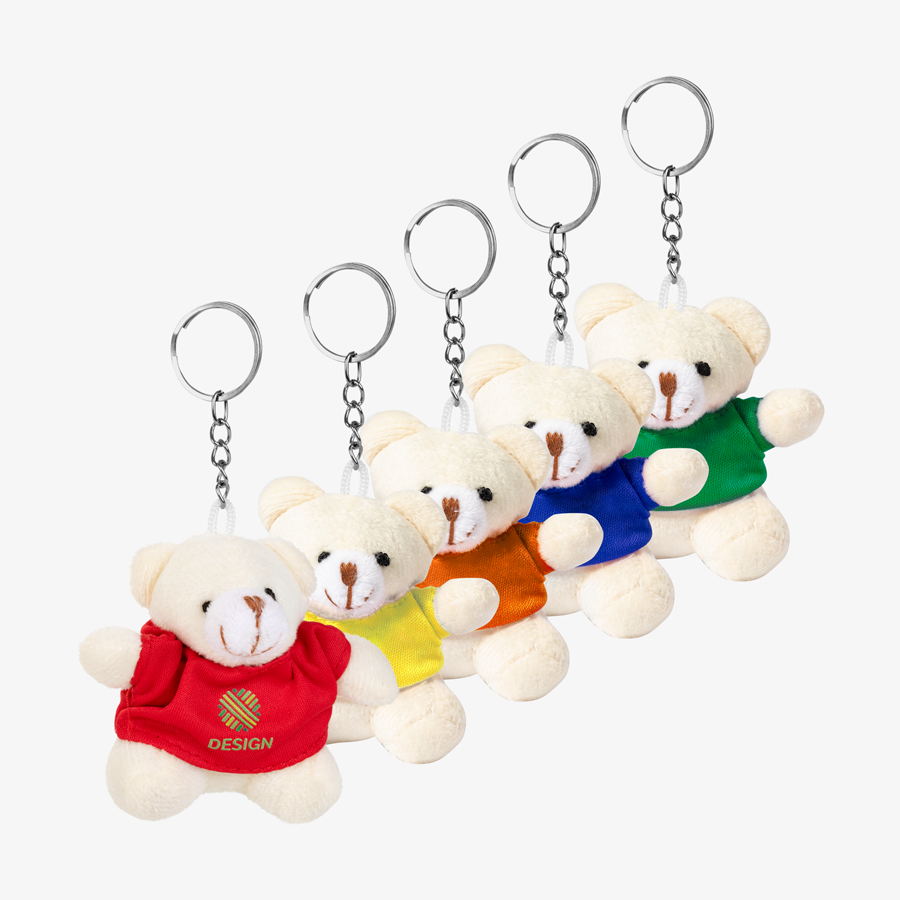 Schlüsselanhänger mit weissem Teddy-Kuscheltier mit individuell bedrucktem T-Shirt in der Vorderansicht