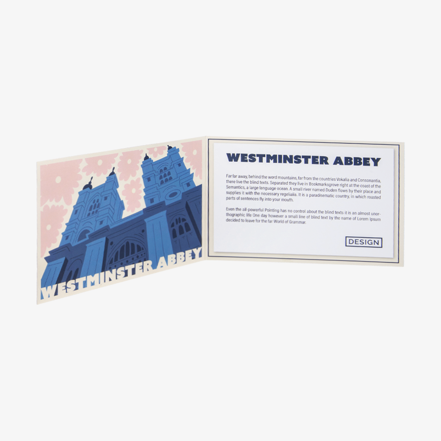 Aufgeklappte Postkarte mit partiellem Relieflack und Einbruchfalz, Querformat