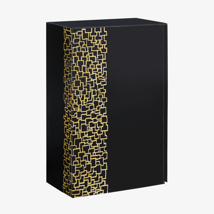 Grosser Präsentkarton (32 x 19,5 x 10 cm) für zwei Champagnerflaschen in der Farbe schwarz mit goldenen Details