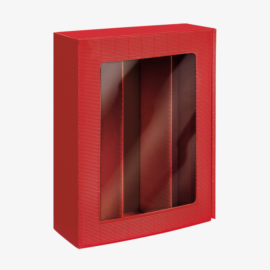 Präsentkarton aus roter Wellpappe mit Sichtfenster in Gross (36 x 25 x 9,5 cm)