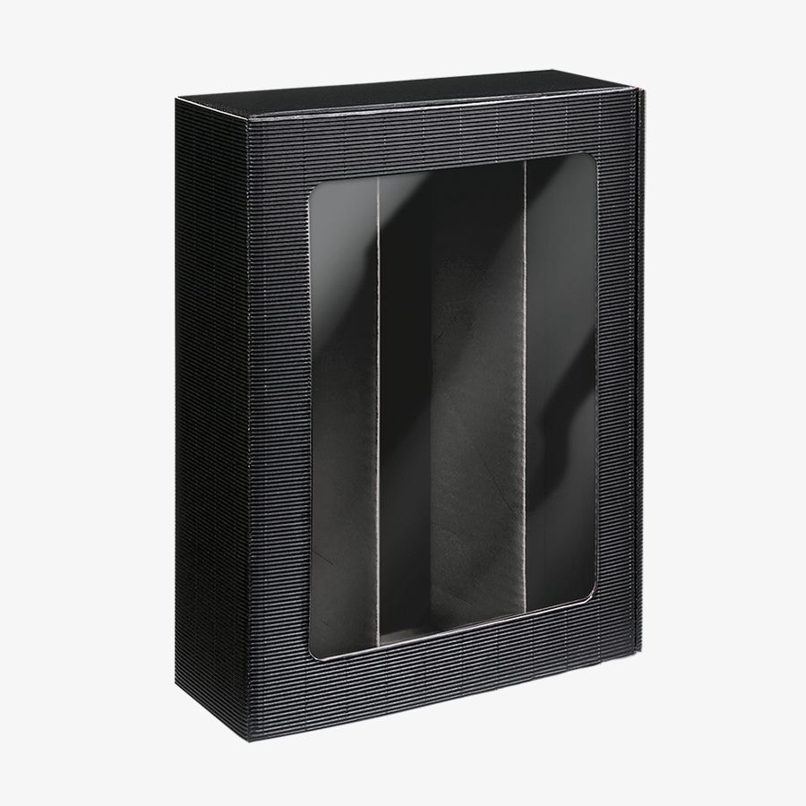 Grosser Präsentkarton aus schwarzer Wellpappe (36 x 25 x 9,5 cm) mit Sichtfenster