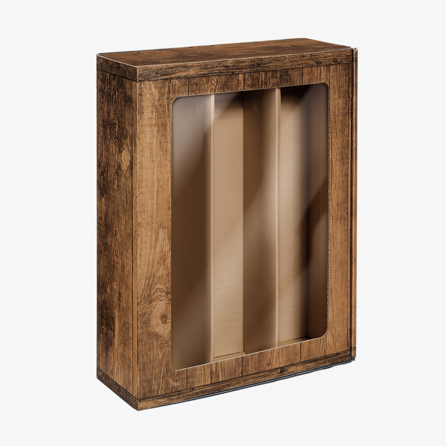 Präsentkarton in interessanter Holzoptik und mit Sichtfenster in Gross (36 x 25 x 9,5 cm)