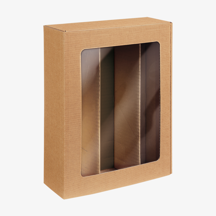 Naturfarbener Präsentkarton für Flaschen, mit Sichtfenster im Format 36 x 25 x 9,5 cm