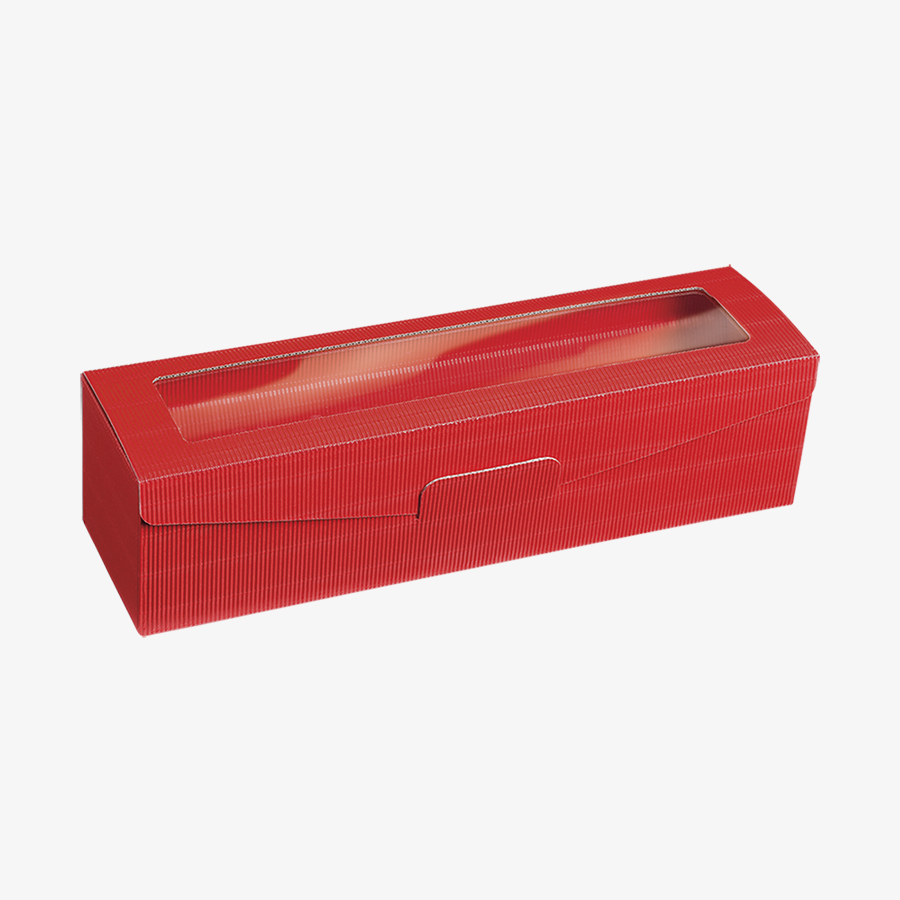 Präsentkarton (38,5 x 9,2 x 9,5 cm) aus roter Wellpappe mit Sichtfenster