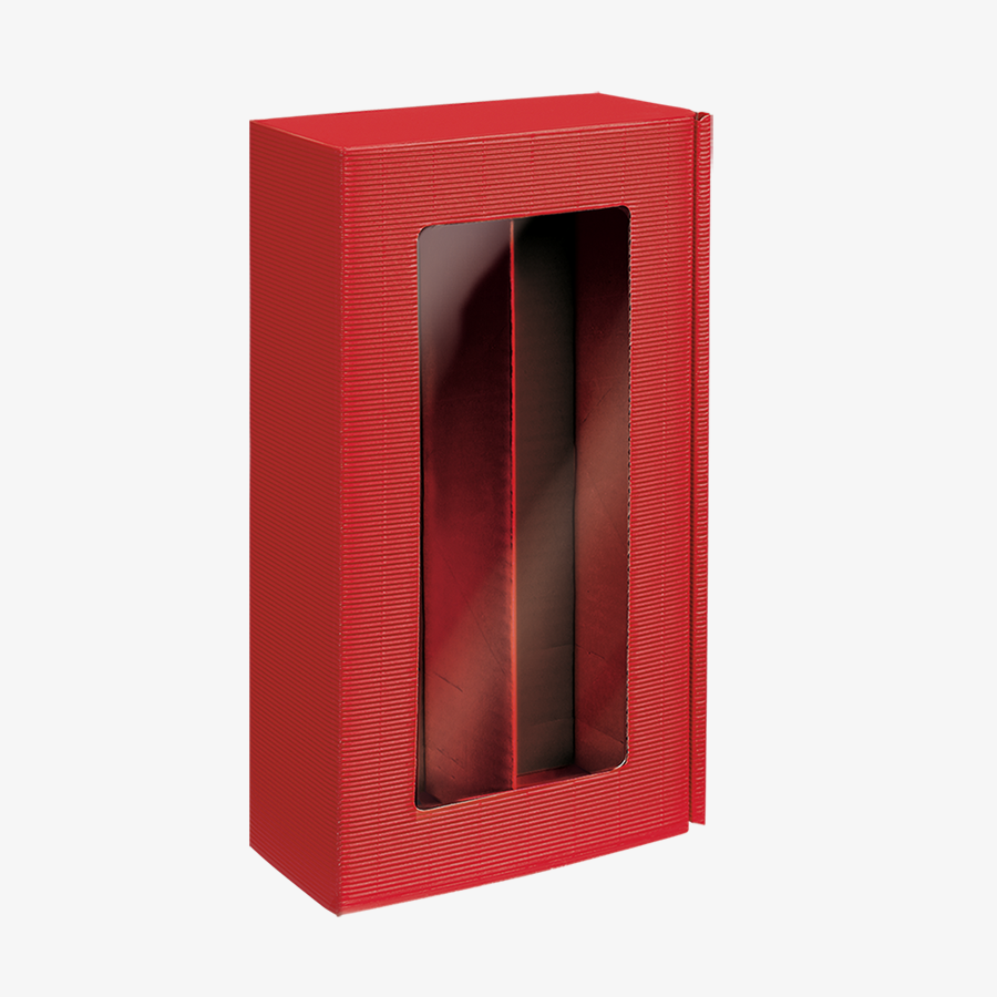Roter Präsentkarton in mittlerer Grösse (36 x 19,2 x 9,5 cm) mit Sichtfenster und offener Welle