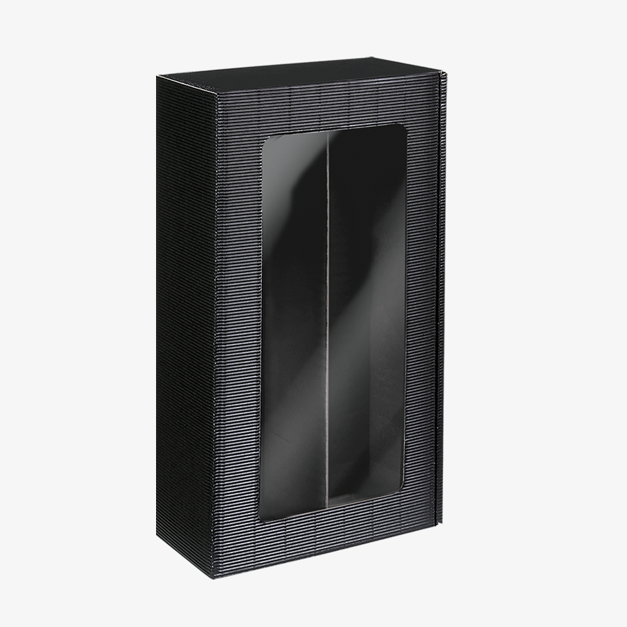 Schwarzer Präsentkarton mit Sichtfenster mit Beispielinhalt, Grösse 36 x 19,2 x 9,5 cm
