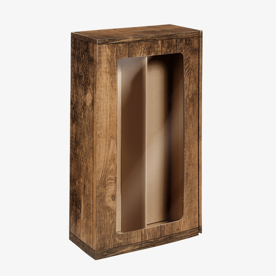Mittelgrosser Präsentkarton (36 x 19,2 x 9,5 cm) mit Sichtfenster und Holzoptik