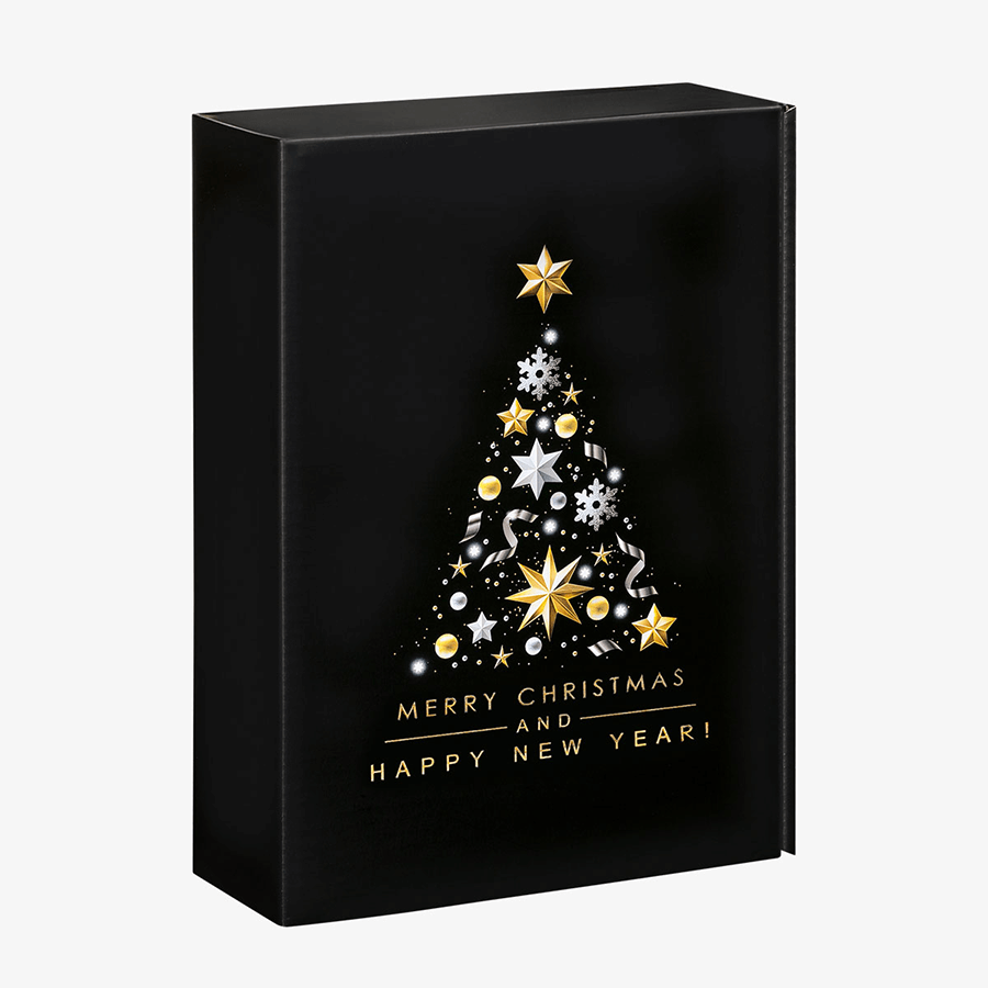 Schwarzer Präsentkarton (36 x 25 x 9,5 cm) mit Weihnachtsbaum und weihnachtlichem Schriftzug