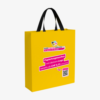 Rückansicht gelbe Premium-Papiertragetasche im Hochformat in Grösse M, mit schwarzem Schleifenband und WIRmachenDRUCK-Imprint