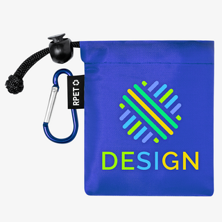 Blauer Beutel für Regenponcho, mit Karabiner und Kordel, individuell bedruckt