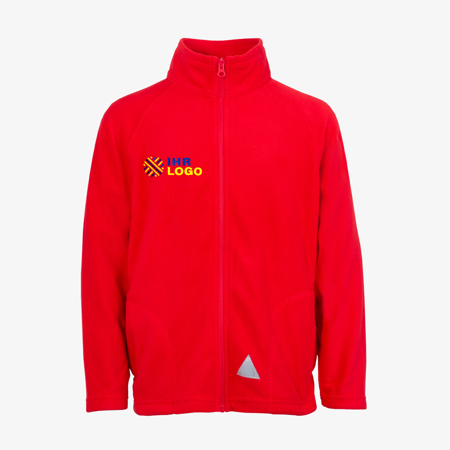 Kinder-Fleecejacke rot mit mehrfarbiger Stickerei und reflektierendem Detail