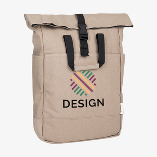 Beiger Rolltop-Rucksack aus recyceltem Canvas, individuell bedruckt mit eigenem Design