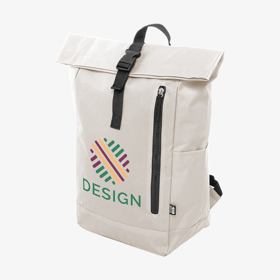 Weisser Rolltop-Rucksack aus RPET mit Schnallenverschluss und Druckmotiv vorne