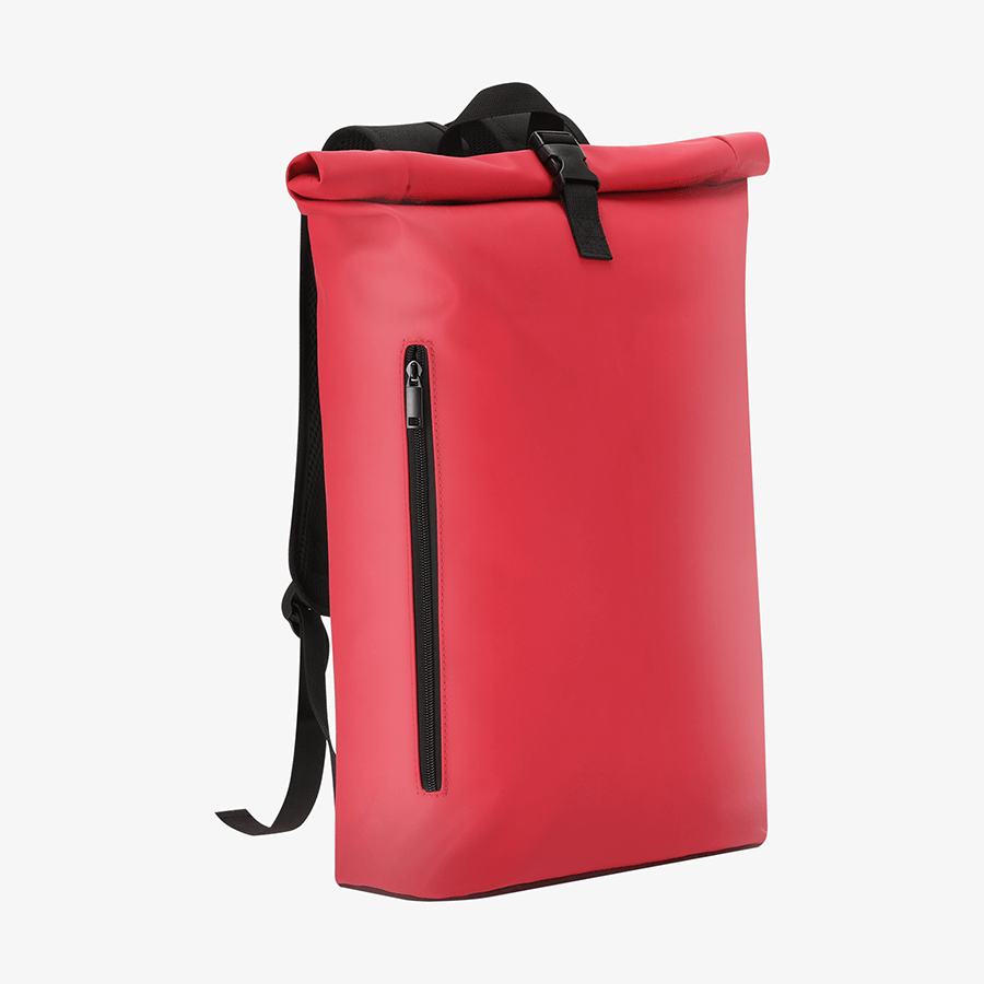 Roter Rolltop-Rucksack aus recyceltem PU-Material mit Reissverschluss, ohne Werbeanbringung
