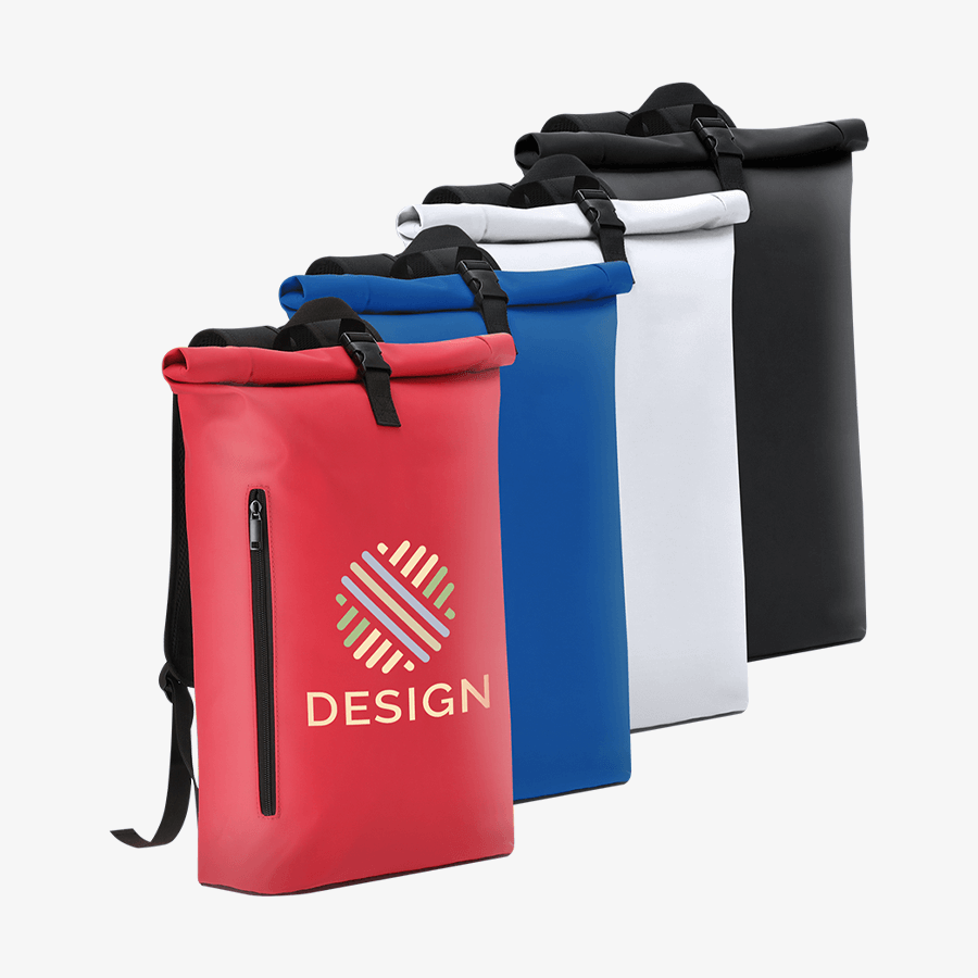 Rolltop-Rucksäcke in Rot (bedruckt), Blau, Weiss und Schwarz aus wasserabweisendem PU-Material