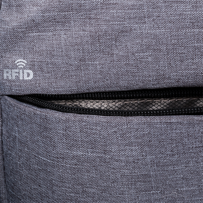 Grauer Anti-Diebstahl-Rucksack aus Polyester, RFID-Ausleseschutz und Reissverschluss im Detail