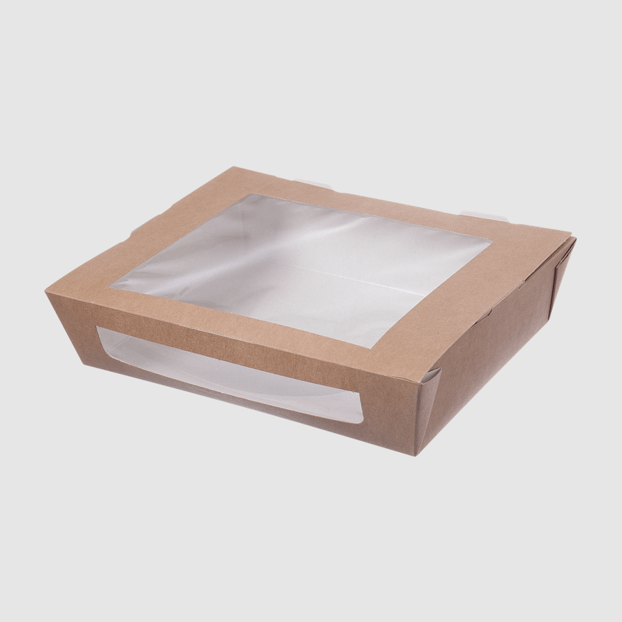 Eckige Salatbox mit Sichtfenster aus naturbraunem Karton in der Grösse 200x155x45 mm