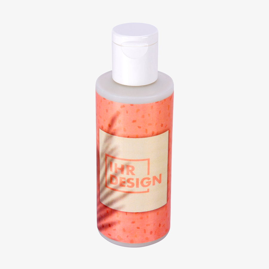Shampoo im Wunschdesign in 100-ml-Flasche mit geöffnetem Klappdeckel, Vorderansicht