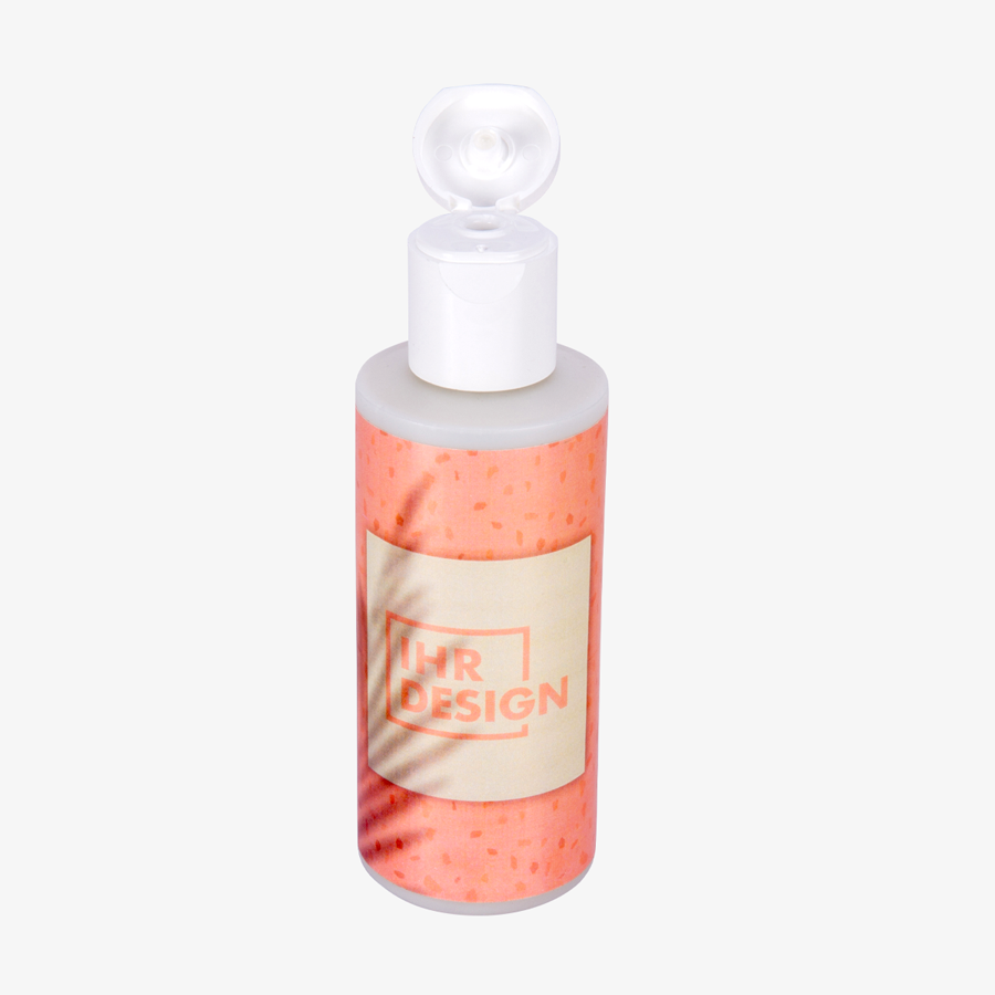 Individuell bedrucktes Shampoo in 100-ml-Flasche mit geschlossenem Klappdeckel, Vorderansicht