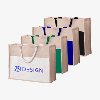 Vier laminierte Shopper aus Jute mit farbigem Fach und gleichfarbigen Henkeln in der Vorderansicht mit individuellem Druck