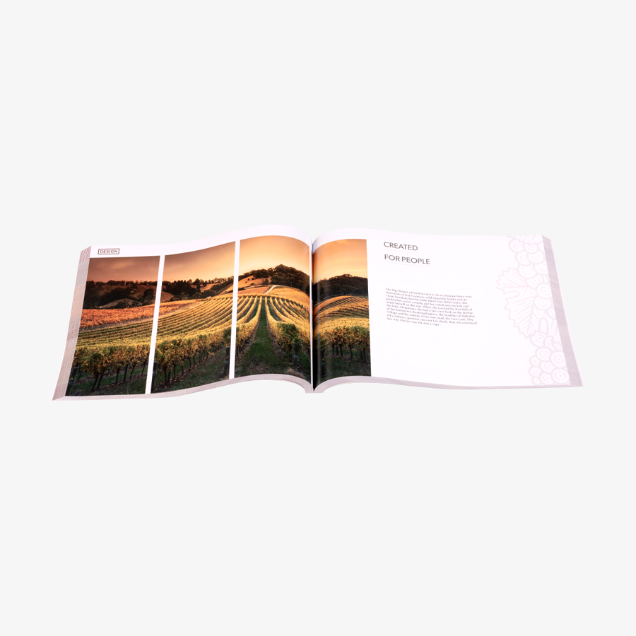 Aufgeschlagenes Softcover-Buch (DIN A4 quer) mit farbig bedrucktem Inhalt