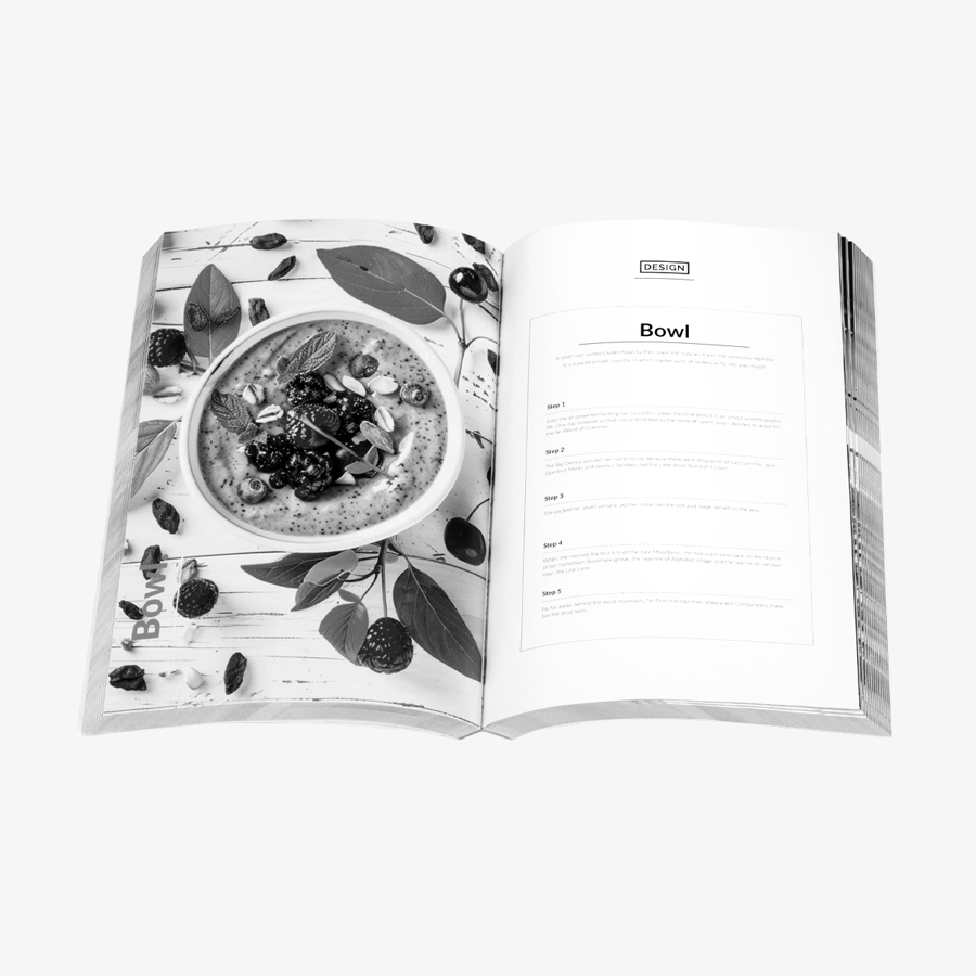 Aufgeschlagenes Softcover-Buch (12,5 x 19 cm) mit Inhalt in Schwarz-Weiss