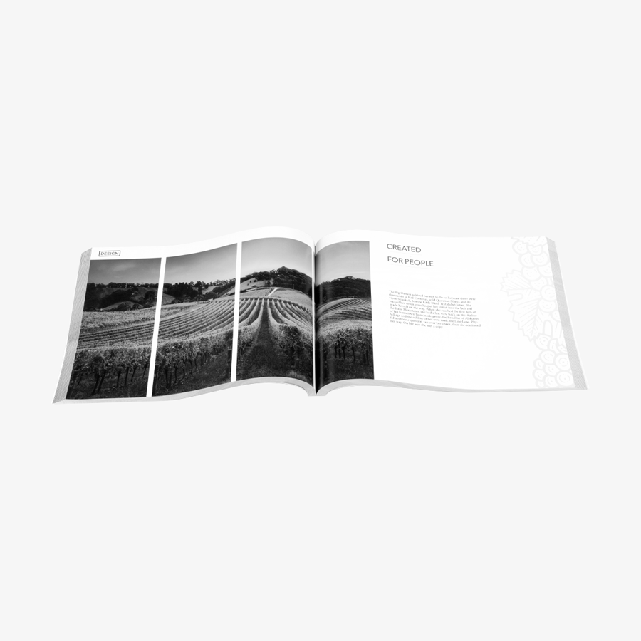 Aufgeschlagenes Softcover-Buch (DIN A4 quer) mit Inhalt in Schwarz-Weiss