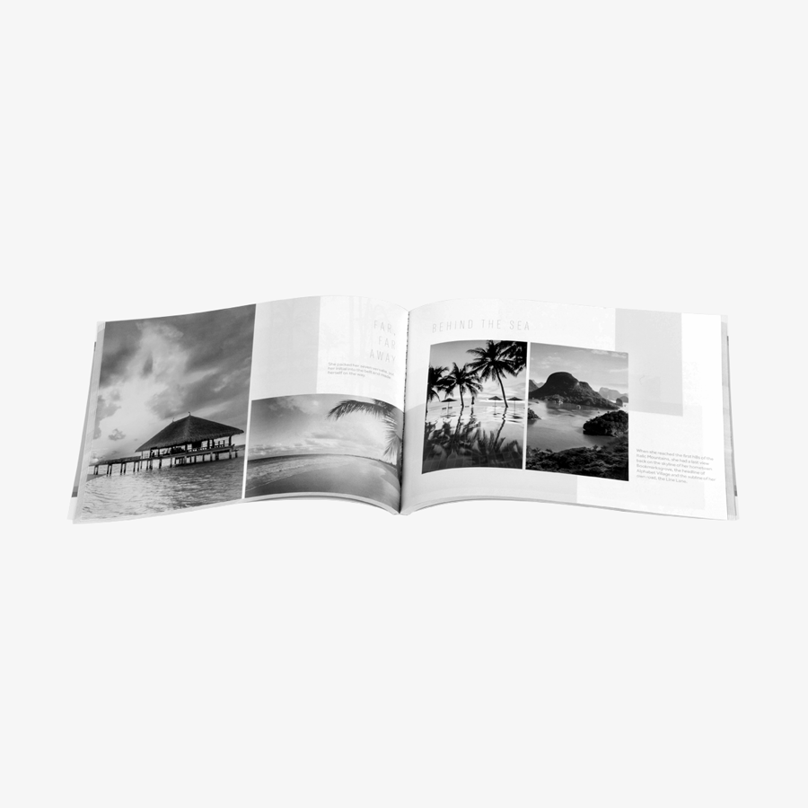Aufgeschlagenes Softcover-Buch (DIN A5 quer) mit Inhalt in Schwarz-Weiss