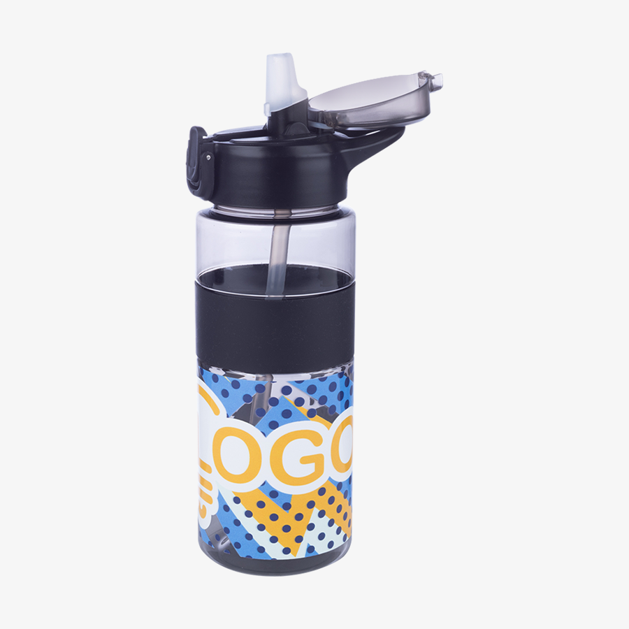 Unten rundum bedruckte 700-ml-Sportflasche aus RPET mit offenem Flip-Top-Deckel und Silikonring