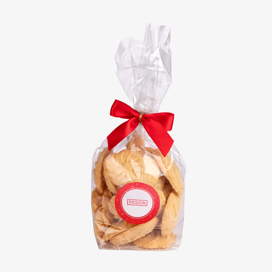 Tüte mit leckerem Spritzgebäck, personalisiert mit individuellem Aufkleber vorne