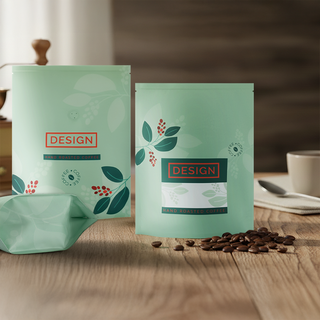 Standbodenbeutel bzw. Doypacks mit Ventil aus Aluminium mit Kaffee, individuell bedruckt