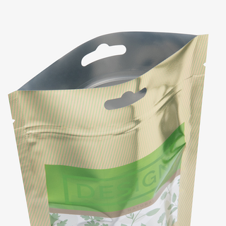 Standbodenbeutel bzw. Doypack aus recycelbarer metallisierter Folie, individuell bedruckt, mit Euroloch