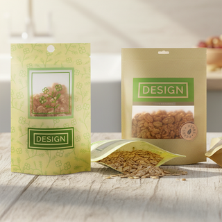 Standbodenbeutel bzw. Doypacks aus recycelbarer Folie, individuell bedruckt, befüllt mit Müsli