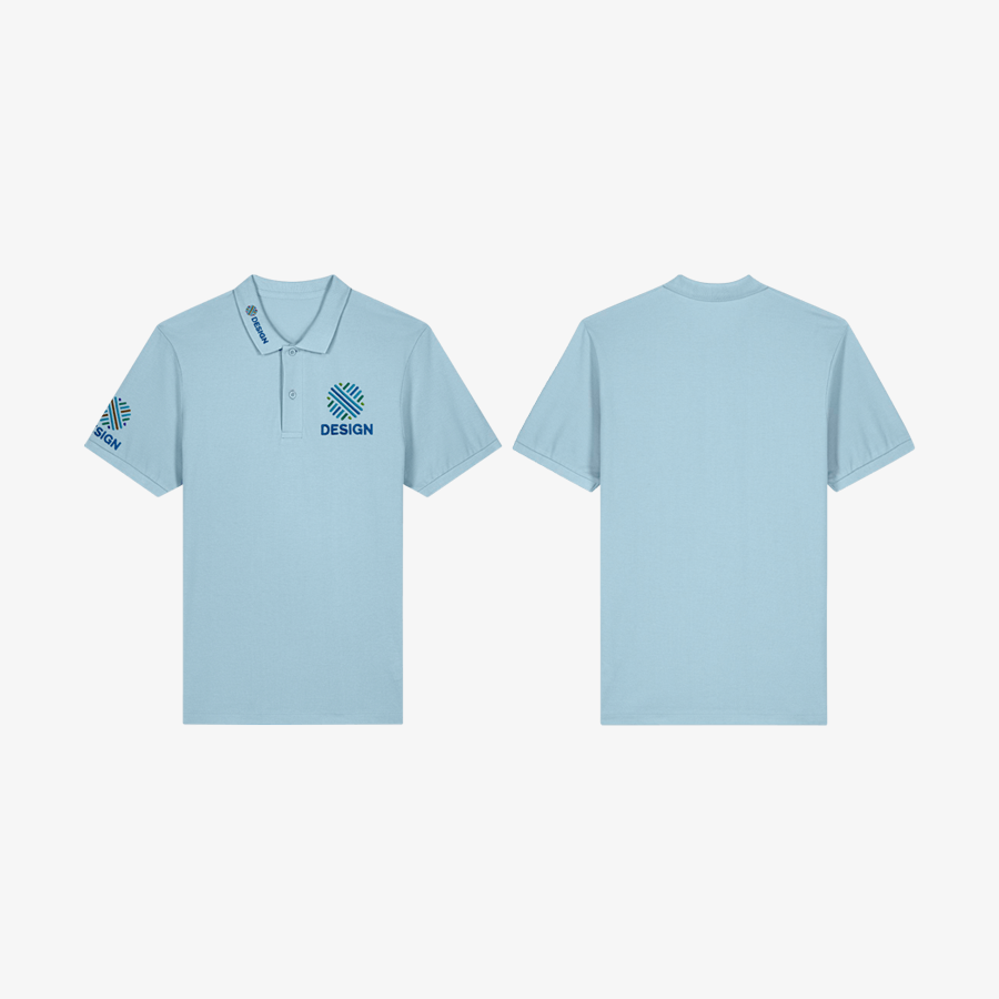 Herren-Poloshirts von Stanley/Stella mit mehrfarbiger Stickerei an drei Positionen