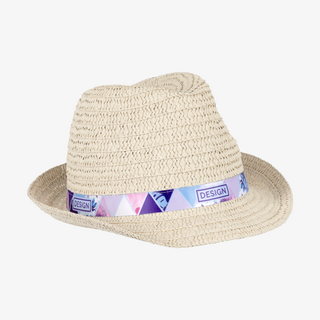 Trilby-Strohhut aus synthetischem Papier mit individuell bedrucktem Hutband