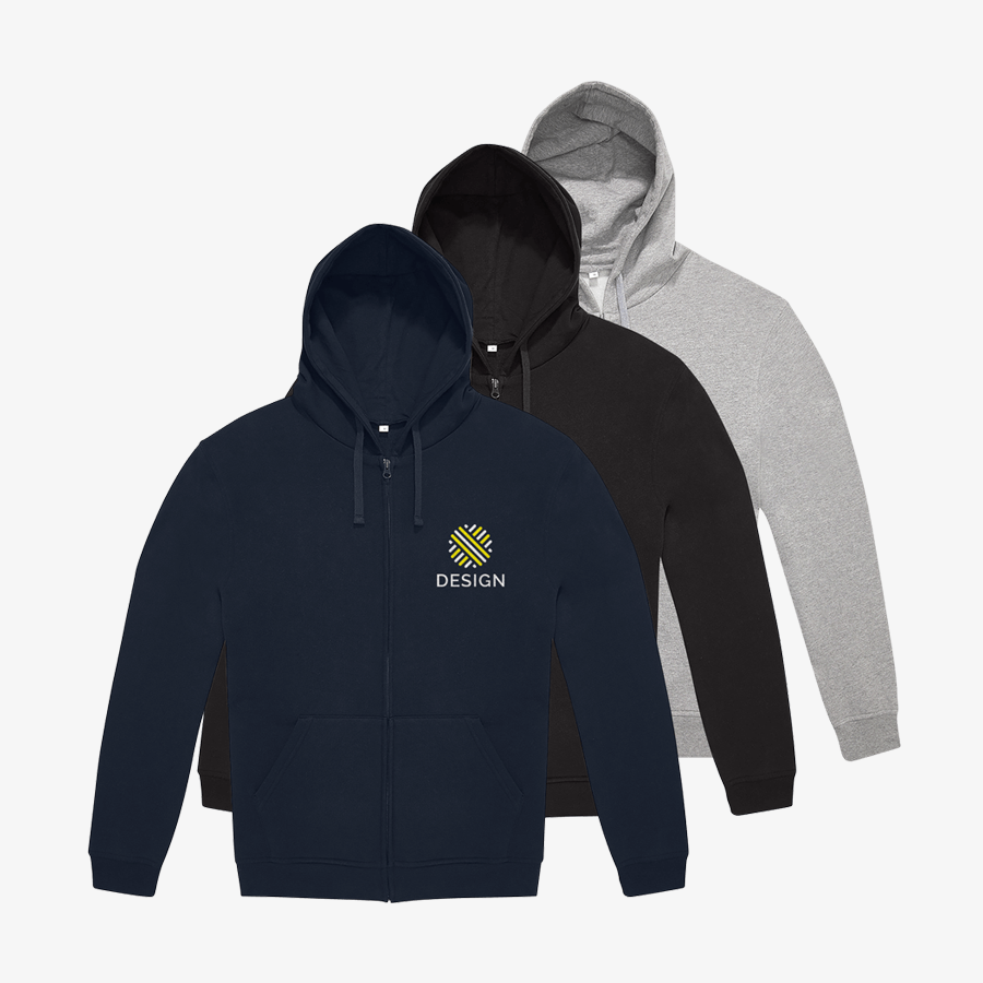 Drei Basic-Damen-Sweatjacken von B&C Collection mit einer Druckpositionen vorne