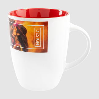 Bauchige Fototasse mit farbiger Innenseite und mit individuellem Druck auf der Aussenseite