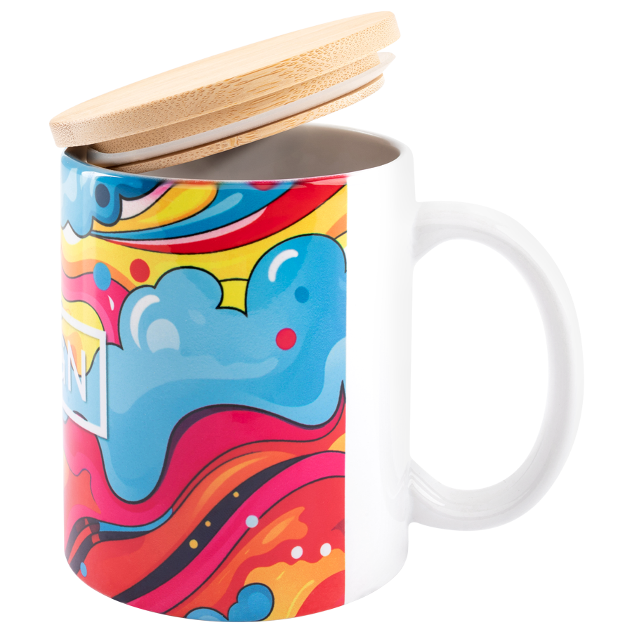 Werbetasse aus Keramik mit Bambusdeckel, 300 ml Fassungsvermögen