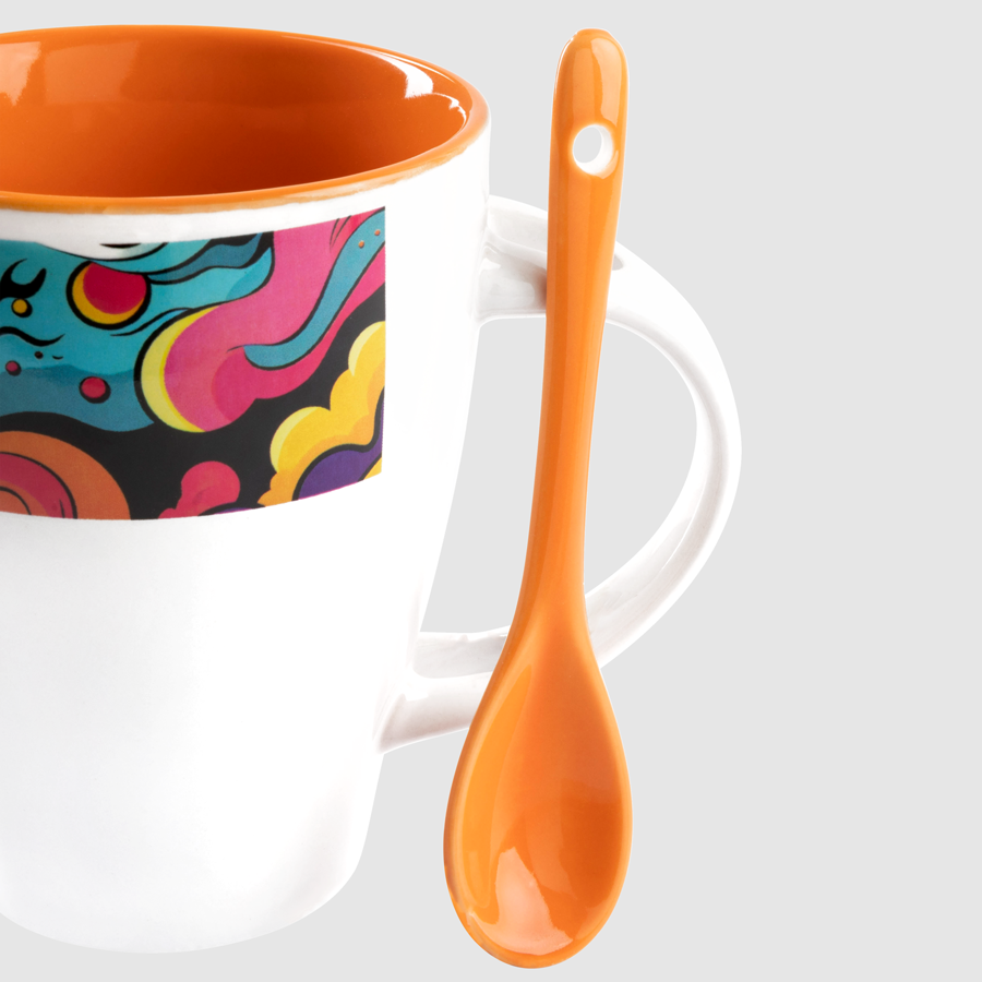 Bedruckbare Tasse mit Löffel mit orangefarbener Innenseite, 300 ml Fassungsvermögen