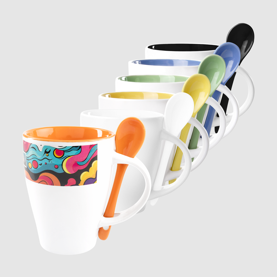 Tassen mit Löffeln in vielen Farben mit individuellem Druckmotiv, aus hochwertiger Keramik