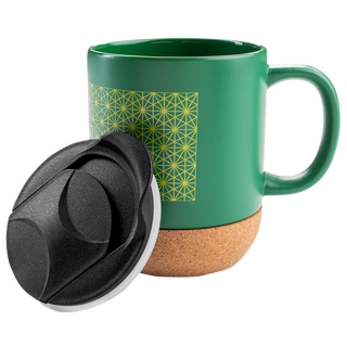 Individuell bedruckte Keramiktasse mit Korkboden und praktischem Trinkdeckel