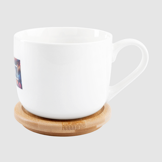 XXL-Tasse für 400 ml, aus Porzellan, auf Bambusdeckel stehend, individuell bedruckt