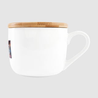 Grosse Porzellantasse mit Bambusdeckel als XXL-Tasse für 400 ml Inhalt, bedruckt mit Wunschmotiv