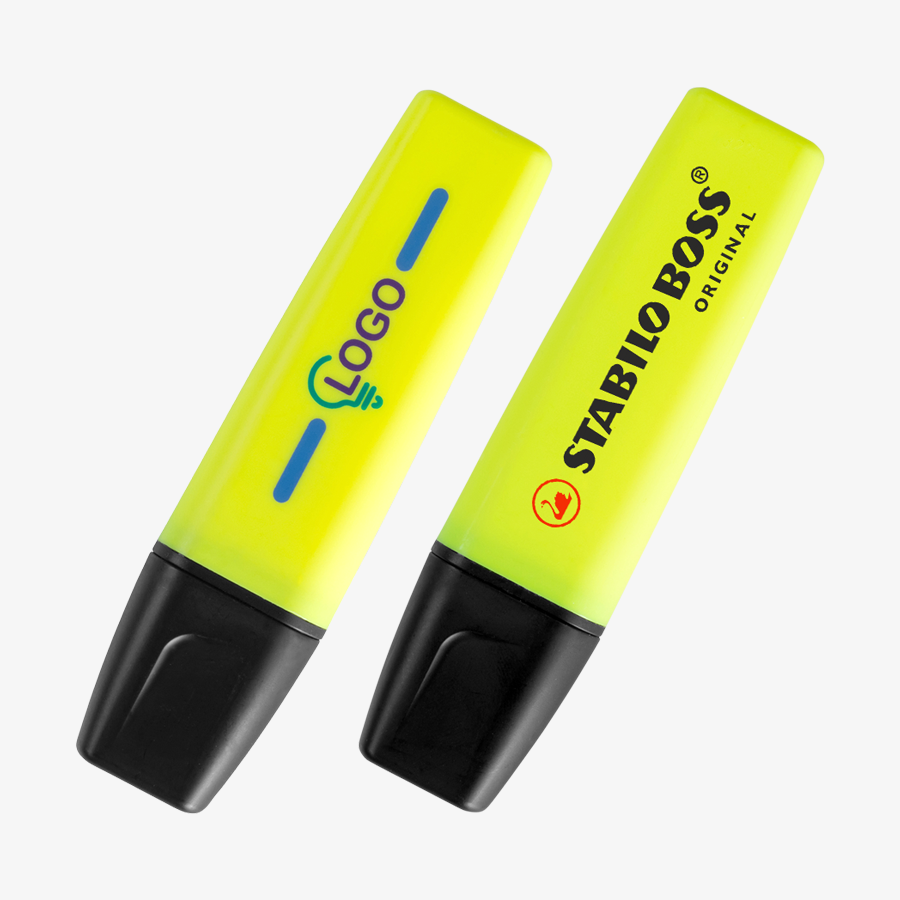 Gelbe Textmarker von STABILO BOSS, dreifarbig bedruckt mit Wunschmotiv