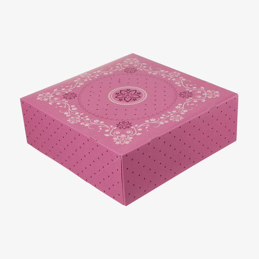 Hübscher Tortenkarton in Pink mit Ornamenten, 32 x 32 x 11 cm gross