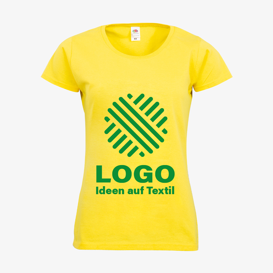 gelbes Basic-T-Shirt für Damen von Fruit of the Loom mit 1-farbigem Siebdruckmotiv