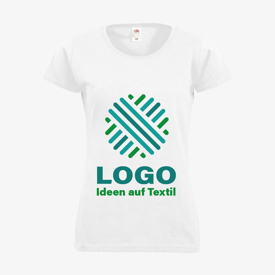 T-Shirts Damen Basic Siebdruck Fruit of the Loom weiss dreifarbig bedruckt
